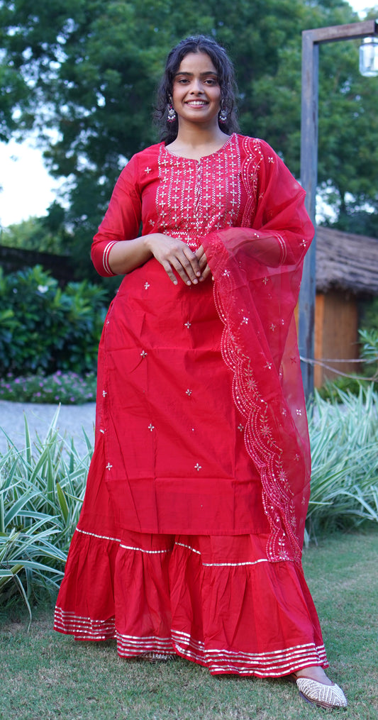 Red Heavy Sharara Suit Set