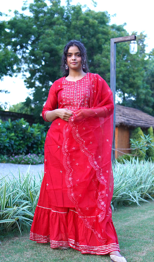 Red Heavy Sharara Suit Set