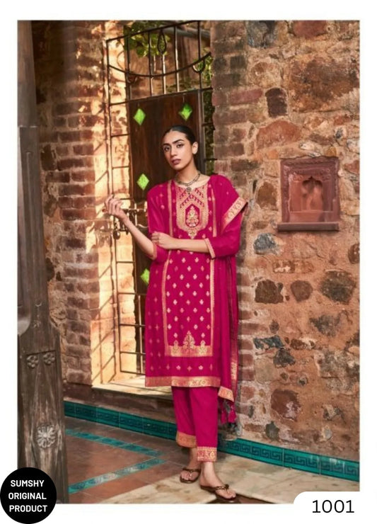 Wine Banarasi Straight Suit Set