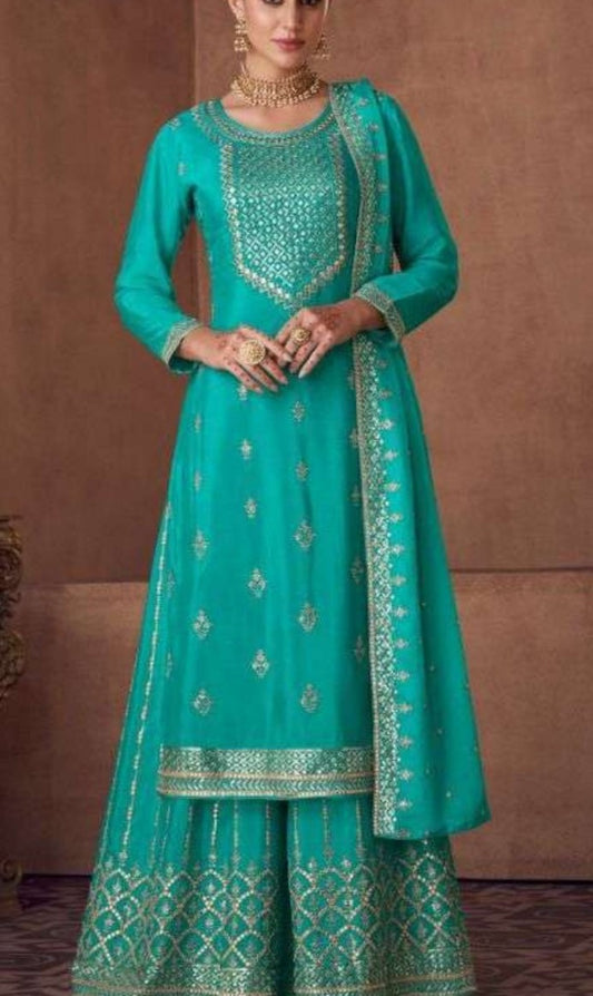 Heavy Palazzo Straight Kurta Set In Firozi
